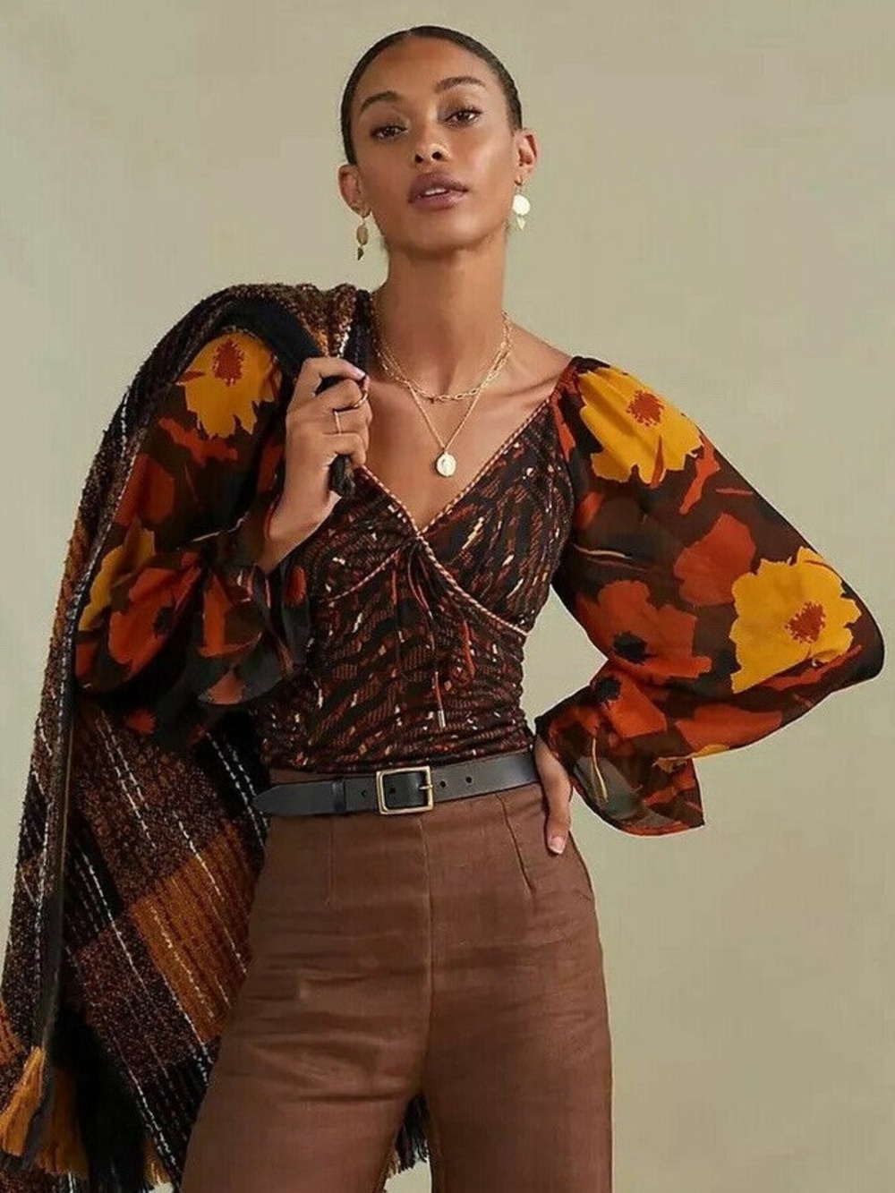 NWT Anthropologie Conditions Apply Brown Floral Tiger Print Puff Sleeve Blouse M